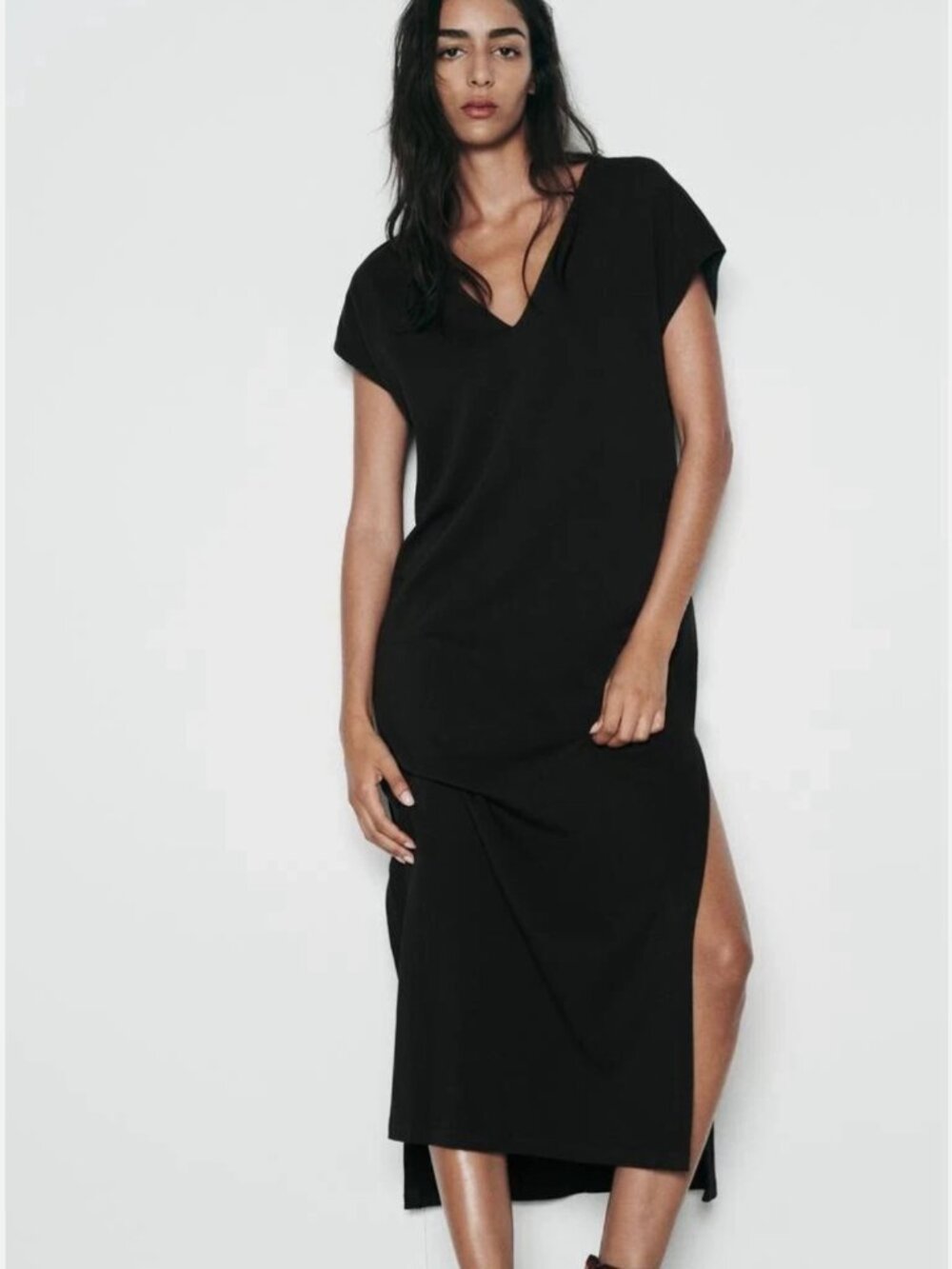 NWT $40 Zara Washed Effect V-Neck Midi Dress in Charcoal - size Small!